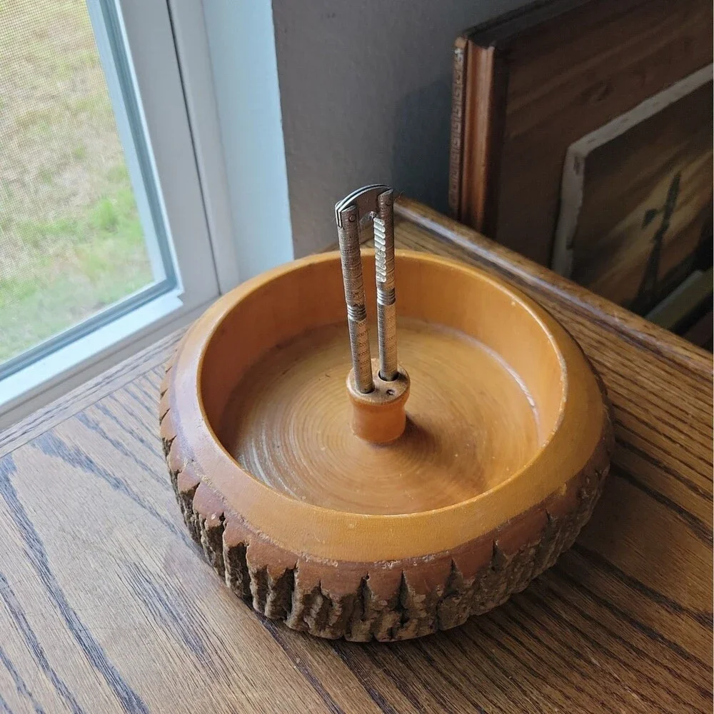 Vtg MCM Nut Bowl Rustic Edge Tree Bark Set with 1 Nutcracker 9